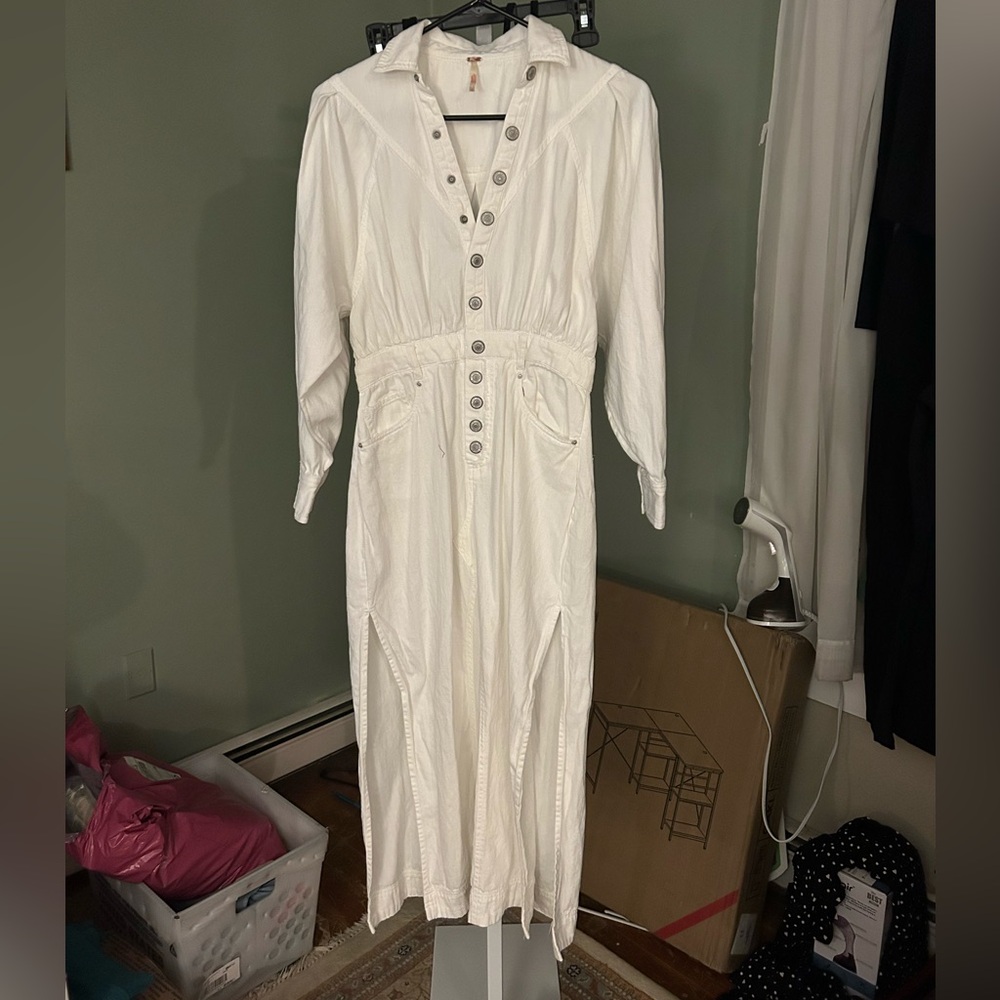 FREE PEOPLE Mad Love White Long Button-Front Dress